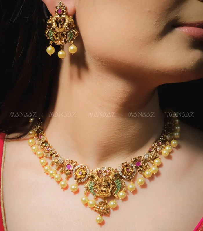 Antique Lakshmi Temple Choker with Pearl Drops